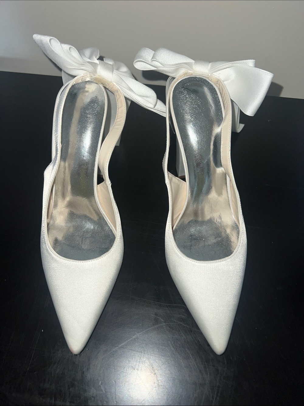 JJs House White Pointed-Toe Bow Slingback Heels